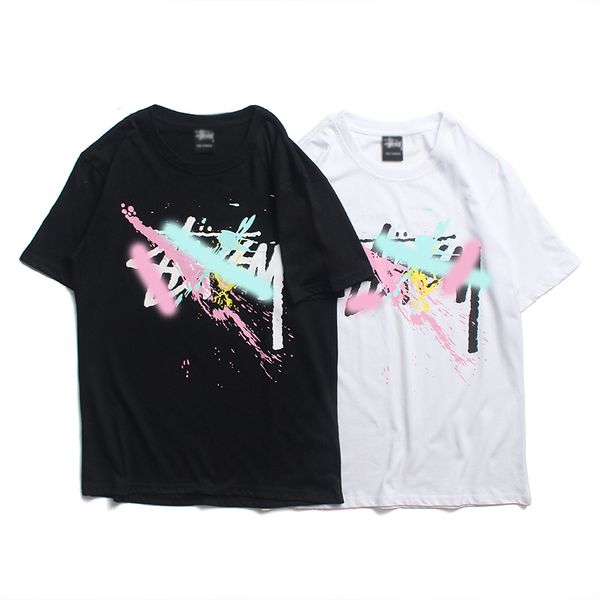 

европейская американская уличная мода stussys trend пары мужчины и женщины свободные печатные футболки хлопок круглый вырез с коротким рукав, White;black