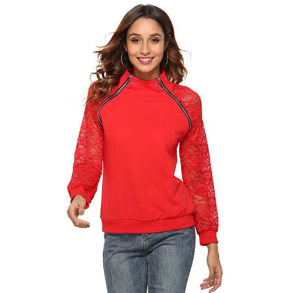 

new sudaderas mujer o neck pullover red casual hoodies sweatshirts fashion lace patchwork long sleeve zipper sweatshirt, Black