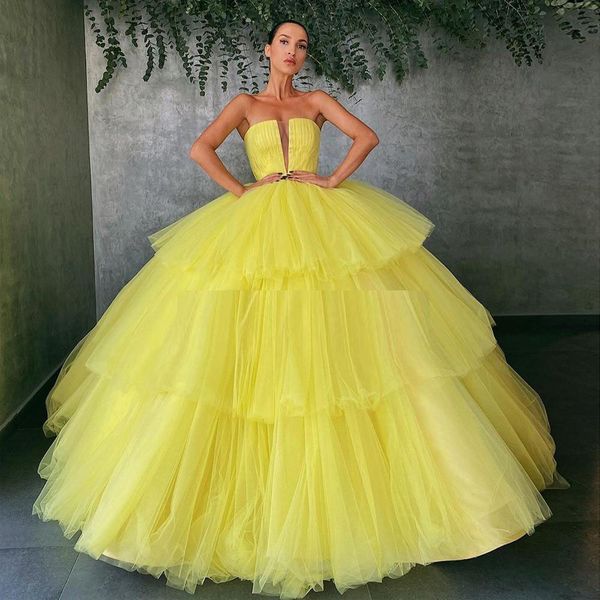 

charming yellow ball gown wedding dresses sheer plunging neck tiered bridal gowns plus size sweep train tulle vestidos de novia, White