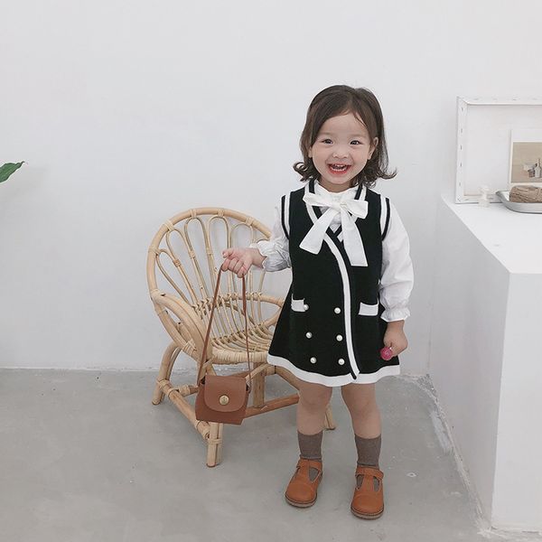 

autumn korean style fashion baby girls solid color bowknot shirts and knitting long waistcoat 2pcs suits kids clothes set, White