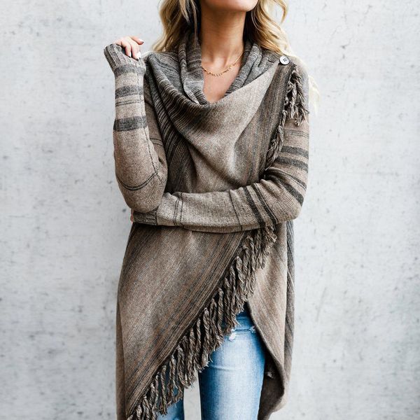 

2019 new vetement femme women tassel irregular cardigan knitted sweater poncho shawl coat jacket outwear warm windproof overcoat, Black;brown