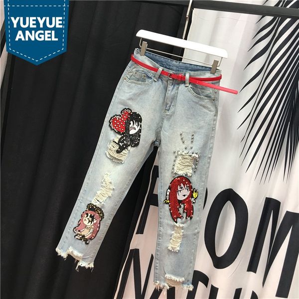 

fashion women hole ripped jeans high waist sequined cartoon embroidery denim harem pants rivet beads ankle length baggy pants, Blue