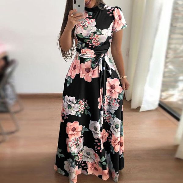 

new women summer dress casual short sleeve long dress boho floral print maxi turtleneck elegant dresses maternity vestido, White