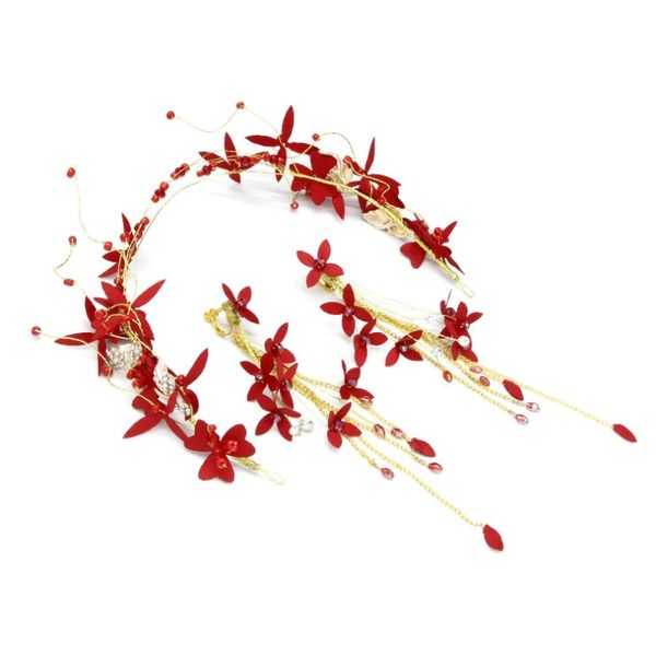 

handmade red flower bridal rhinestone headpiece+earring head piece wedding headband women hair jewelry for bridesmaid bride, Golden;white