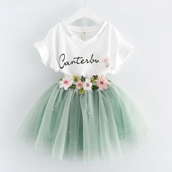 

girl clothes set 2020 new children's cotton letter design t-shirt + handmade floral design skirt girl suit, White