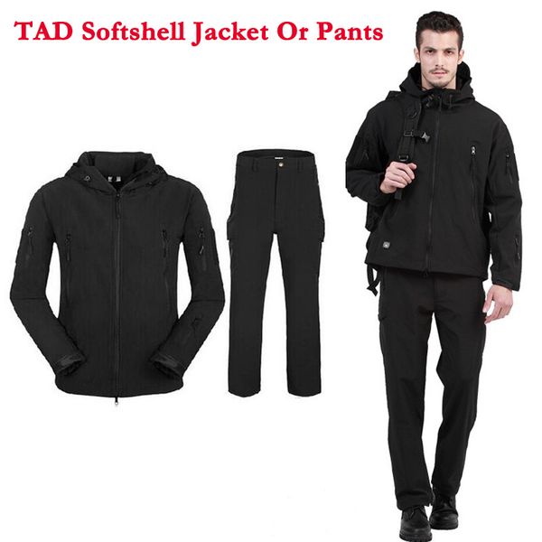 

tad softshell suits men clothes waterproof camouflage hunting clothes hiking camping fleece jacket and pants, Blue;black