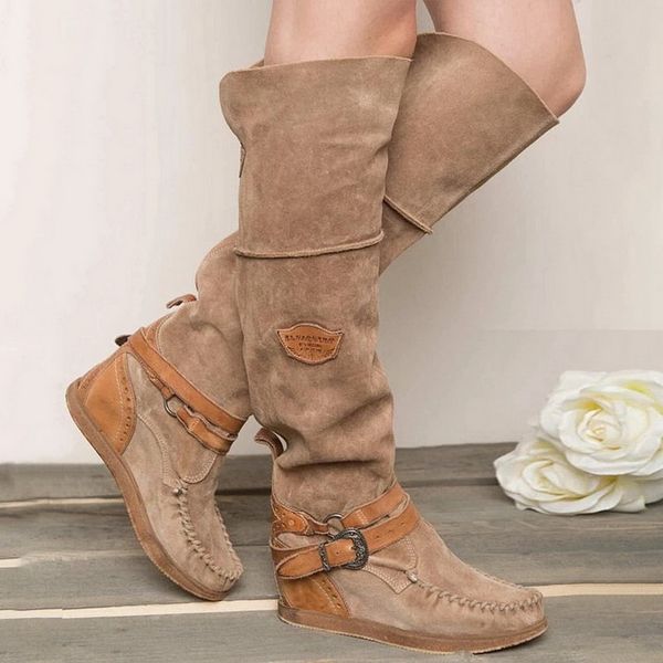

women boots over the knee boots high flat round toe winter women shoes buckle solid warm botas mujer, Black