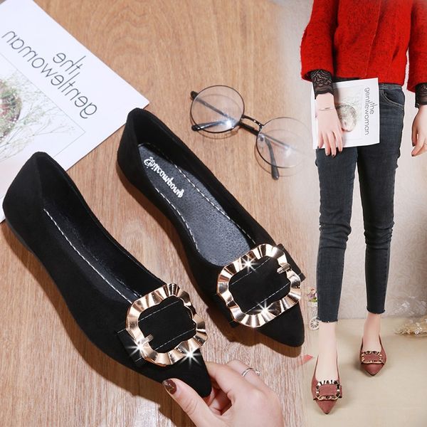 

shoes women's flat pointed 2019 new style spring korean-style metal buckle low-cut versatile soft-soled shoes students side scoo, Black