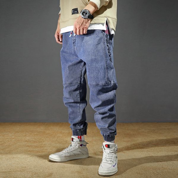 

men's jeans plus size stretchy loose tapered harem jeans cotton breathable denim baggy jogger casual trousers 42, Blue