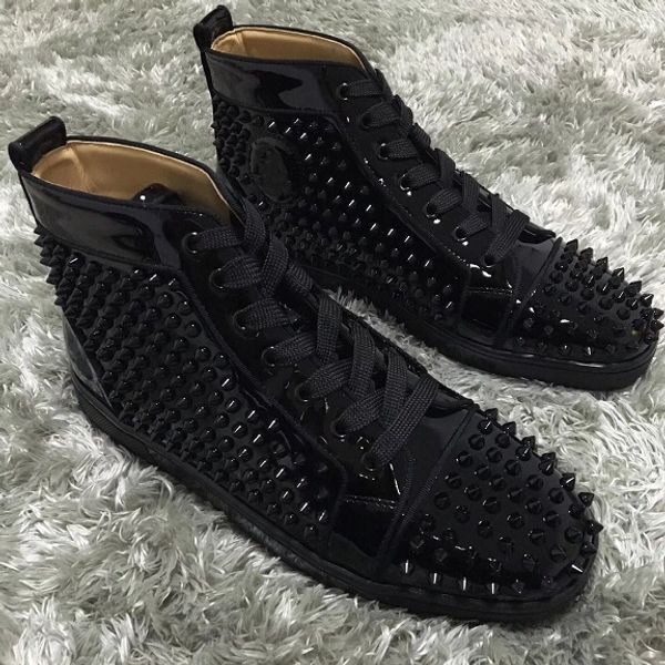 

2019 new black patent women men high man sneakers flat red bottom silver spikes leather casual shoes luxury style studs red sole casual