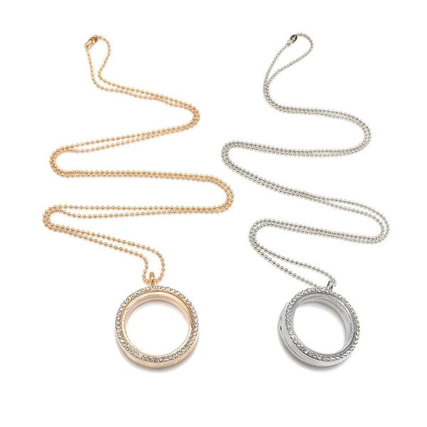 

2 pcs living memory floating charm crystal glass round locket pendant necklace charms color:silver & gold