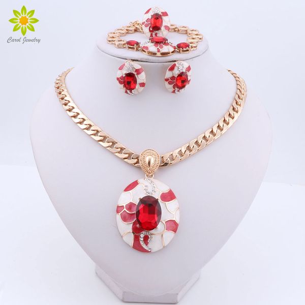 

fashion gold color chain enamel pendant necklace earrings bracelet ring sets women wedding costume jewelry set, Slivery;golden