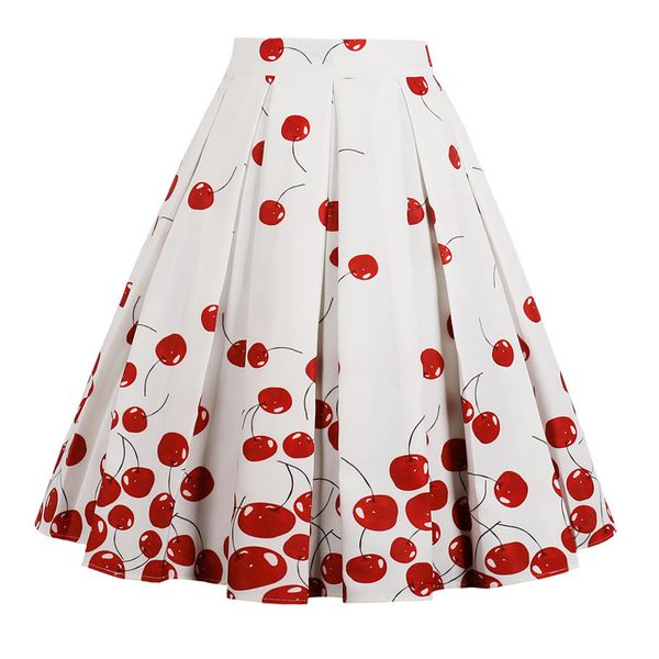 

retro plus size cherry print vintage skirts women high waist summer skirts vintage polka dot skirt cotton a-line party skirts, Black;gray