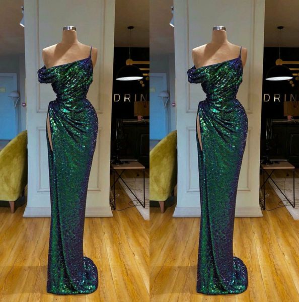 

2020 luxury green evening gowns one shoulder sequined ruffles formal dress split custom made mermaid prom dress party wear, Black