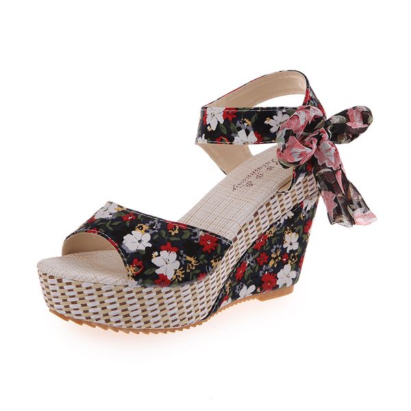 

lucyever women fashion summer sandals flowers paltform open toe casual shoes woman wedges gladiator sandalias mujer 2019, Black