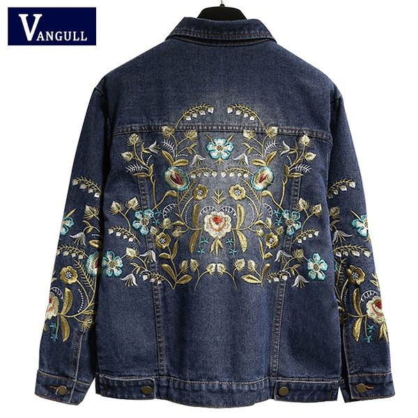 

vangull plus size 5xl embroidered jacket floral denim coat long sleeve vintage short 2019 new fashion women jeans jacket outwear, Black;brown
