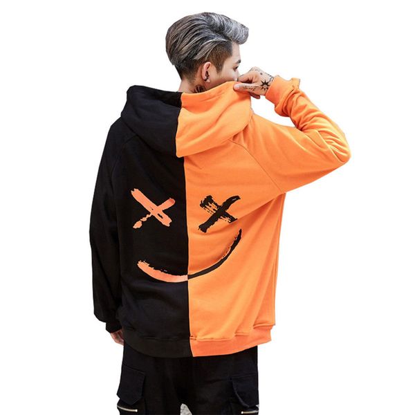 

dropshipping hoodies sweatshirts men women color block patchwork smile print hoodie hip hop streetwear men clothing, Black