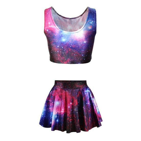 

echoine two piece set women suit pullovers vest digital printed starry sky o-neck fashion pleated skirt slim female outfits, White