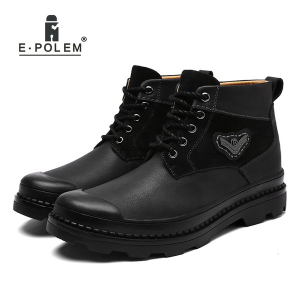 

e.polem metal decoration double-color patterned leather patchwork shoes boots spring/autumn wear-resistance warm ankle boots, Black