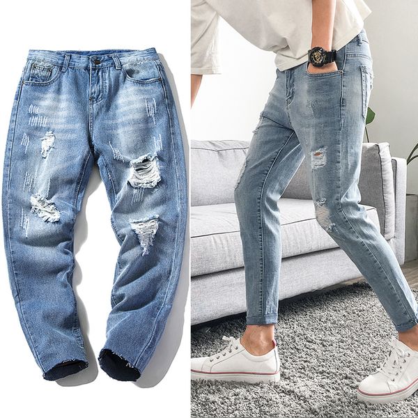 

summer new jeans men slim fashion washed solid color torn holes denim pants man streetwear hip hop cowboy trousers male clothes, Blue