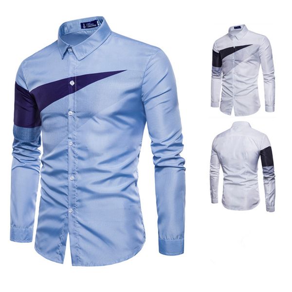 

mens new long sleeve shirt lapel single breasted casual slim triangle print shirt two color mens, White;black