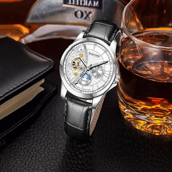 

waknoer мода мужские механические часы многофункциональный правда маховик автоматический световой кожаный ремешок мужские часы reloj hombre, Slivery;brown