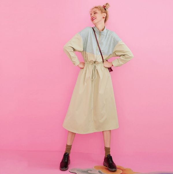 

colorblock patchwork casual dress women 2020 winter zipper drawstring belt elegant long sleeve lady daily dresses, Black;gray