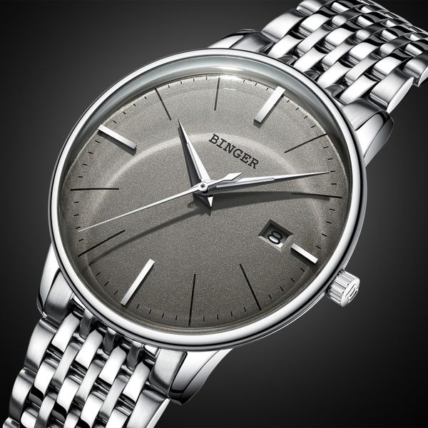 

high-end automatic watch men switzerland binger business mechanical watch sapphire calendar hd luminous full steel montre homme, Slivery;brown
