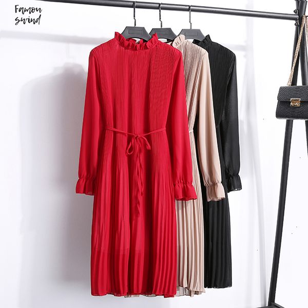 

платья 2019 новых женщин осени весны пояса вскользь трепал длинные платьев втулки с женским flare рукав шифон линии casual, Black;gray