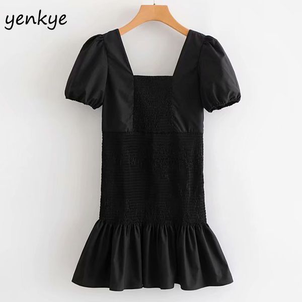 

Spring 2019 Women Elastic Cuffs Short Sleeve Smocked Dress Female Square Neck Ruffled Hem Slim Vintage Black Dress TL7105