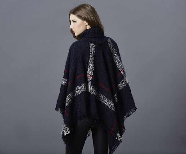 

2019 autumn winter woman big girls classic plaid cloak high collar pashmina shawl poncho fashion loose plaid bat shawl wraps, Black