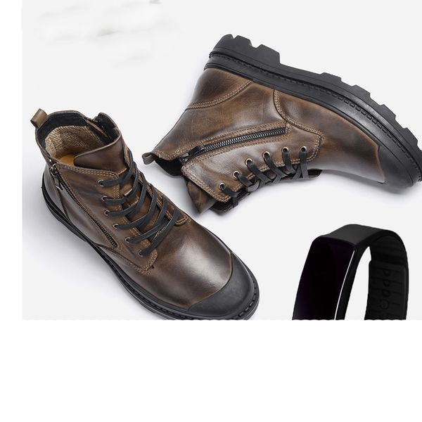 

natural cow leather shoes men snow boots handmade retro men warm boots, Black