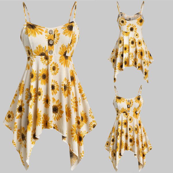 

camisetas verano mujer 2019 plus size fashion women button sunflower printed o-neck sleeveless casual womenÂ clothesÂ 40, White
