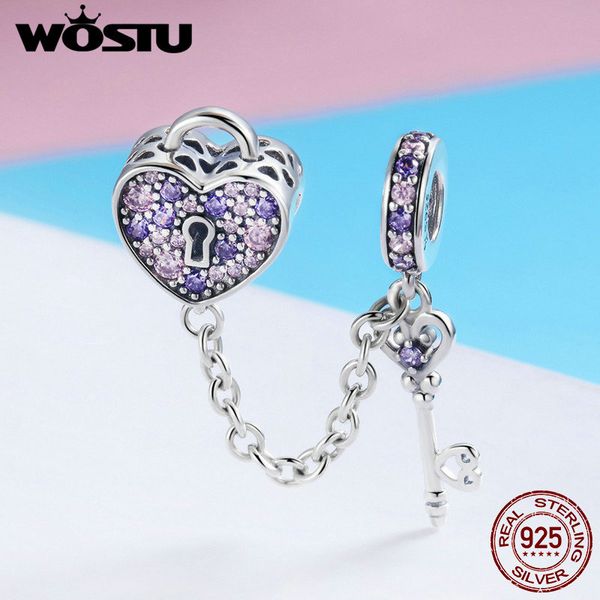 

wostu 925 sterling silver ключ сердца замка кристалл cz цепи шариков шармов приспосабливать браслет женщин ювелирные изделия способа fic772, Bronze;silver