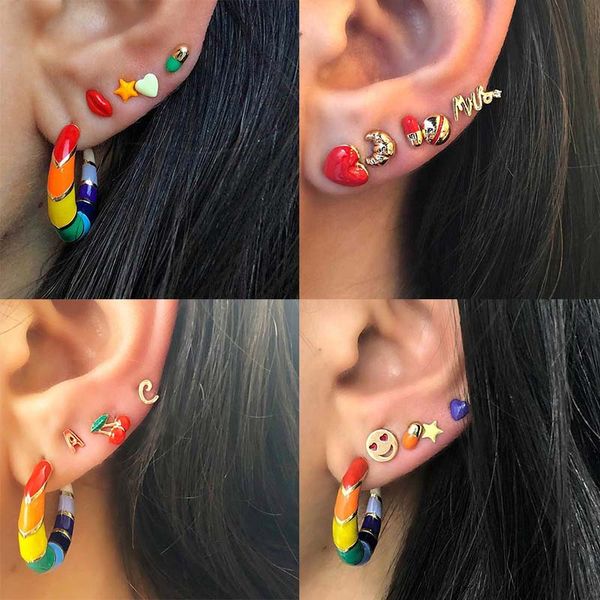 

bohemian colorful small enamel circle heart piercing earrings set for women star moon mix shape ear studs cuff earrings clip, Golden;silver