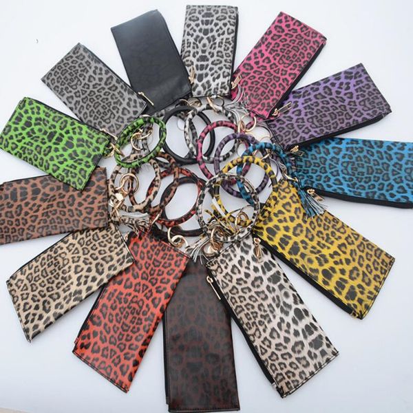 

lady leopard grain tassel handbag fashion metal ring round bracelet keychain bag with sandwich wallet coin purse wy513q, Black