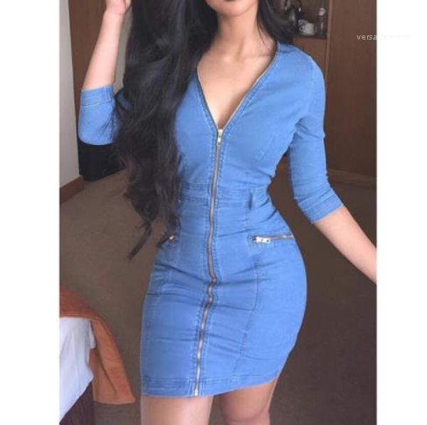 

dresses v neck slim 3/4 sleeved solid color dresses fashion womens casual dresses denim zipper womens, Black;gray