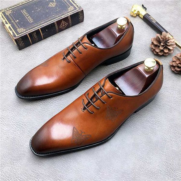 

butterfly prints lace up man dress wedding fashion oxfords shoes spring autumn genuine leather italian men leather shoes sapatos, Black