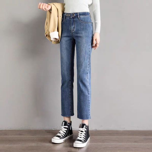 

women's jeans 2021 high-waisted, 100% black, 90-cent smoking pants, Blue