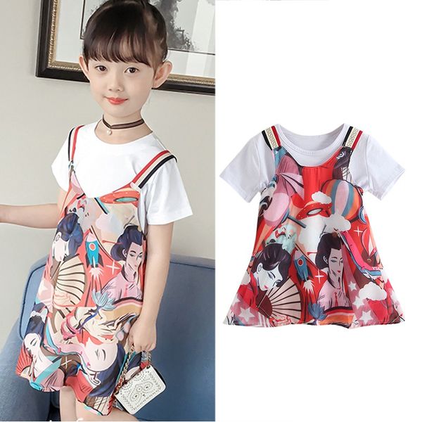 

summer girls dress white shirts strap printed chiffon dress strap+t shirt princess costume for kids children clothes 1-6y, Red;yellow