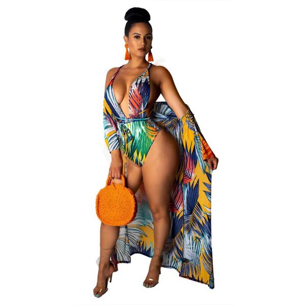 

bikinis set 2021 chiffon ladies printed bikini suit without steel ring hanging neck matching sun protection robe two-piece swimsuit