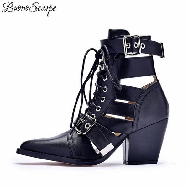 

buonoscarpe genuine leather women ankle boots hollow out chunky high heel shoes woman straps summer boot women platform pumps, Black