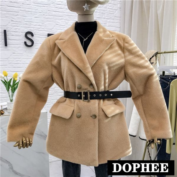 

2019 korean new fall winter double-breasted mink hair warm woolen suit jacket loose-fit slim blazer coat outwear, Black
