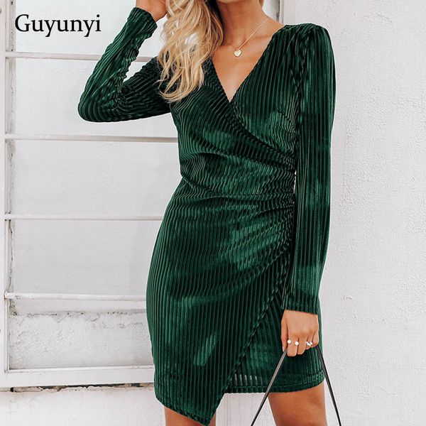 

stretch tight velvet dress party 2019 spring and autumn new v-neck green striped mini dress simple female clothing, Black;gray