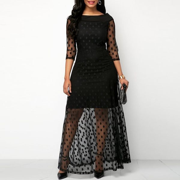 

women evening party date retro gothic black polka dot maxi dress office lady work see through mesh extra long bodycon dresses c19041501, Black;pink