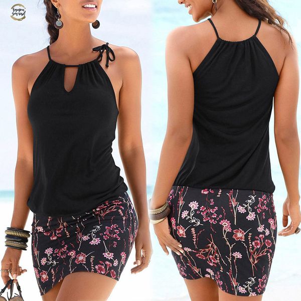 

women dress summer fashion women's dresses casual sleeveless halter print beach mini dress beach dress ing, Black;gray
