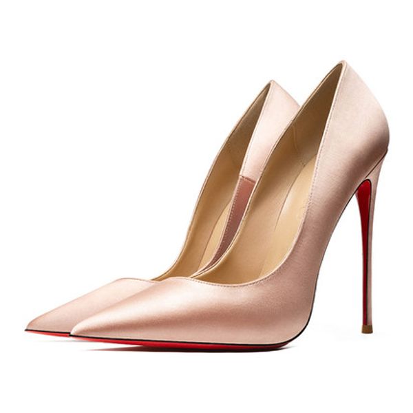 

genuine leather high heeled shoes thin heel red bottom shoes women pumps wedding red bottom pointed toe stilettos party, Black