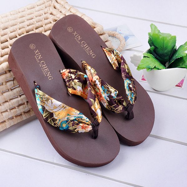 

women bohemia floral beach sandal wedge platform thongs slippers lady flip flops #p, Black