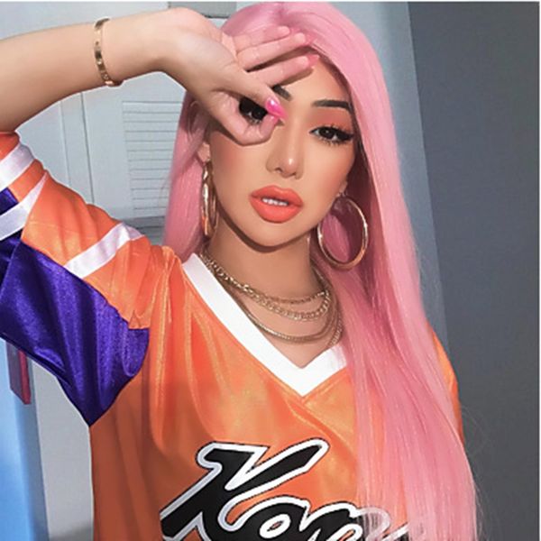 

Free Shipping Synthetic Lace Front Wigs Pink Color Beauty Long Wavy Wigs with Middle Part High Temperature Cosplay Fiber Lace Front Wigs