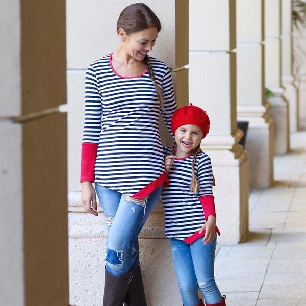 

family matching t shirt women girl long sleeve striped ladies casual crew neck cotton tee tshirt mother and daughter clothes, Blue